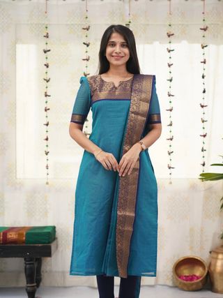 Firoji Zari Woven Kanchi Cotton Kurti Dupatta Set