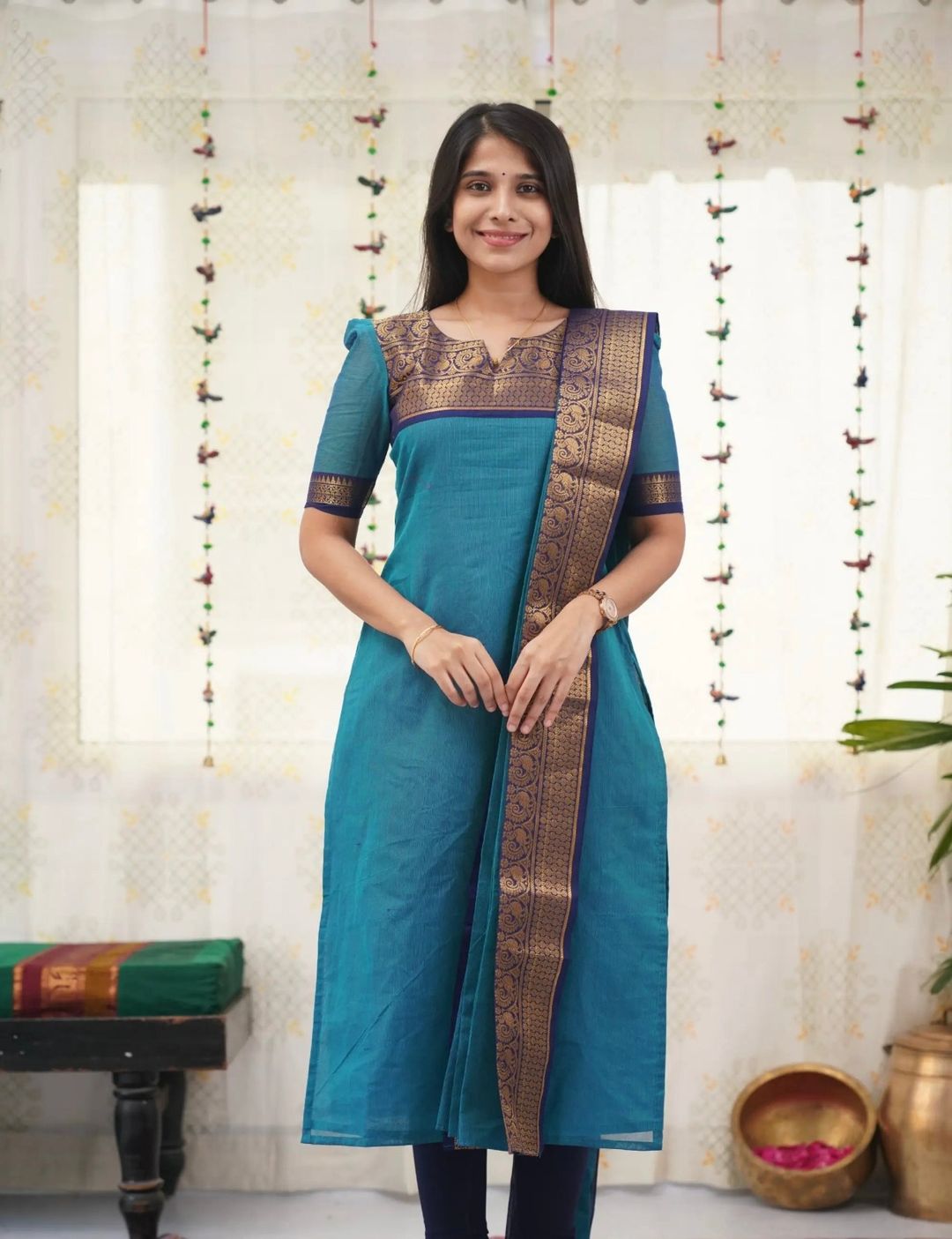 Firoji Zari Woven Kanchi Cotton Kurti Dupatta Set