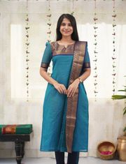 Firoji Zari Woven Kanchi Cotton Kurti Dupatta Set - Blue