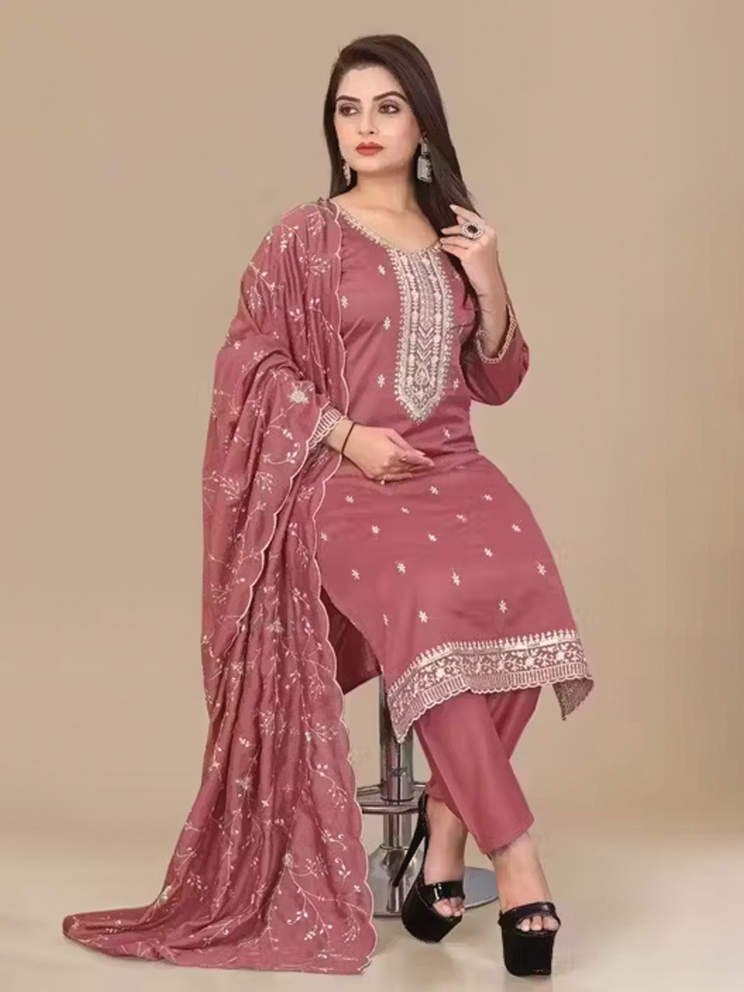 Maroon Embroidered Jalpari Kurta Pant Dupatta Set