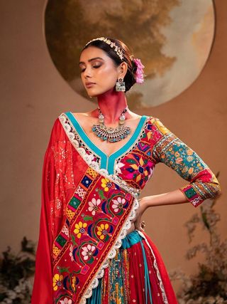 Multicolor Mirror Work Muslin Cotton Lehenga Choli Set