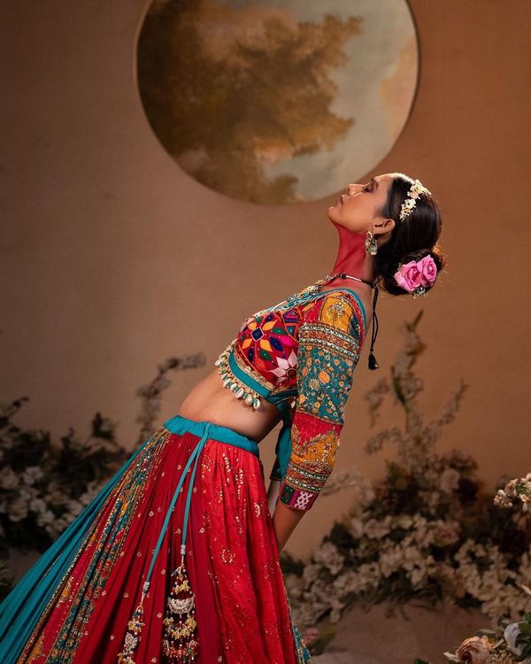 Multicolor Mirror Work Muslin Cotton Lehenga Choli Set