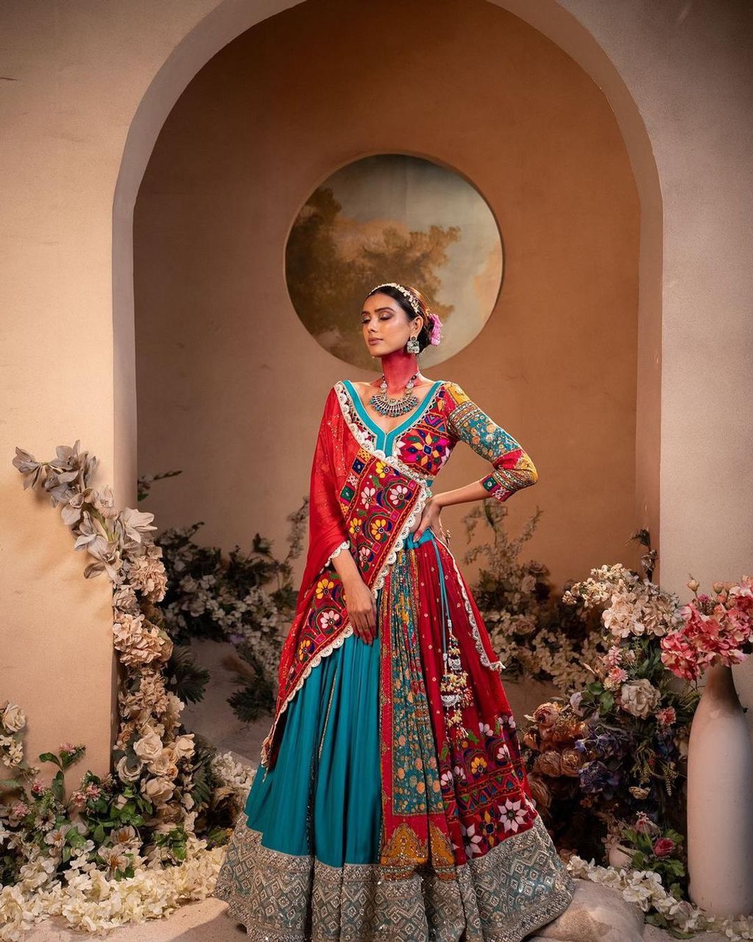 Multicolor Mirror Work Muslin Cotton Lehenga Choli Set