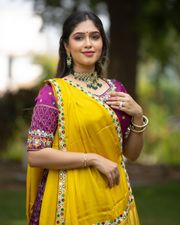 Yellow Purple Chinon Silk Mirror Work Lehenga Choli Set - Yellow