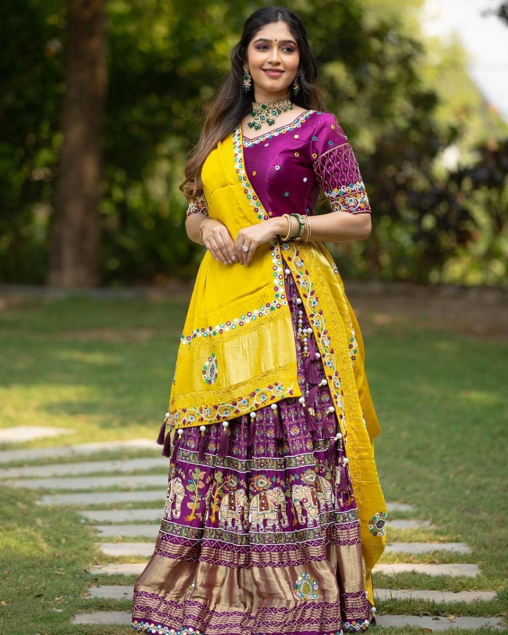 Yellow Purple Chinon Silk Mirror Work Lehenga Choli Set
