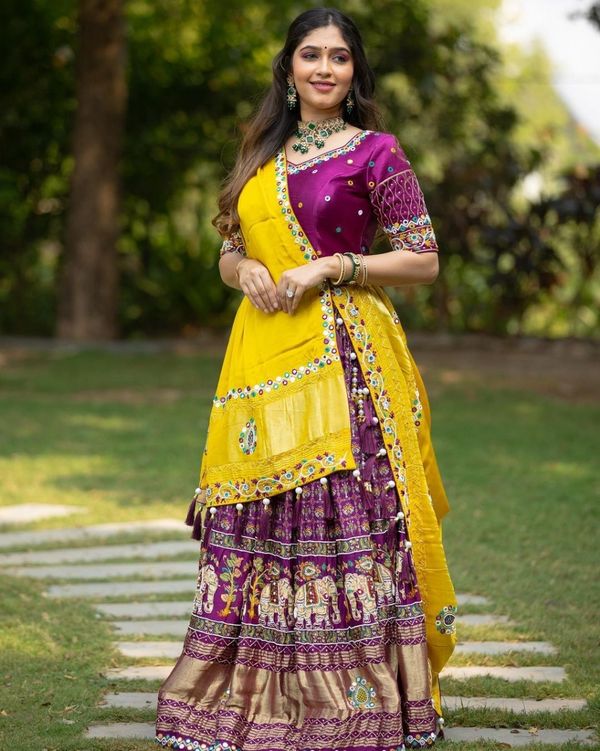 Yellow Purple Chinon Silk Mirror Work Lehenga Choli Set