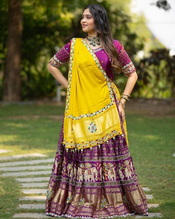 Yellow Purple Chinon Silk Mirror Work Lehenga Choli Set
