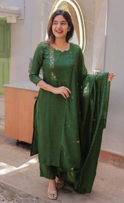 Emerald Green Cotton Kurta Set with Chanderi Dupatta - Green