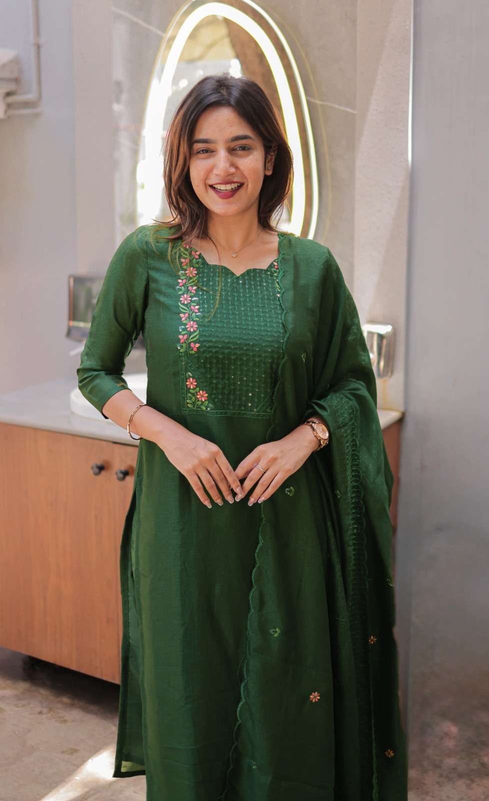 Emerald Green Cotton Kurta Set with Chanderi Dupatta