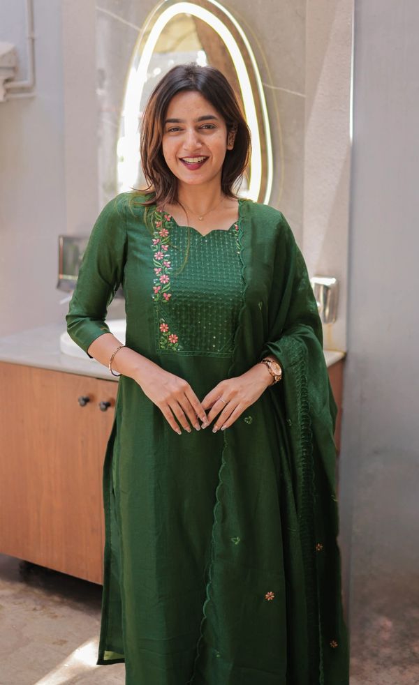 Emerald Green Cotton Kurta Set with Chanderi Dupatta