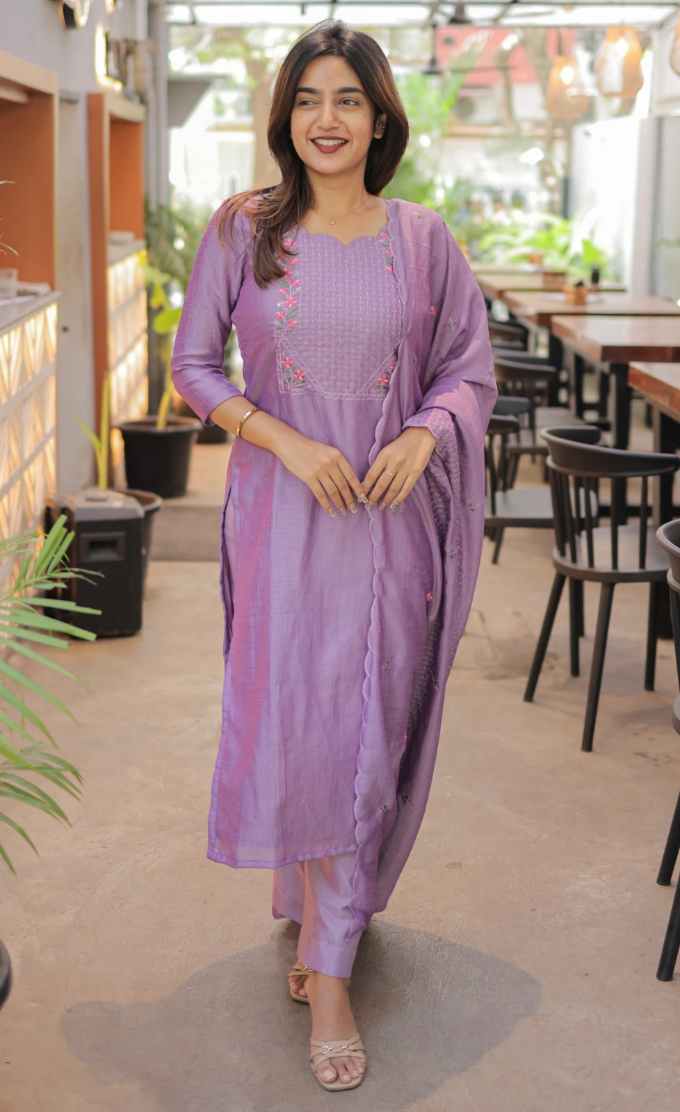 Lavender Cotton Kurta Set with Embroidery Dupatta Set