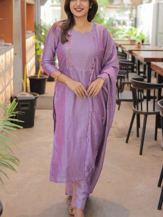 Lavender Cotton Kurta Set with Embroidery Dupatta Set