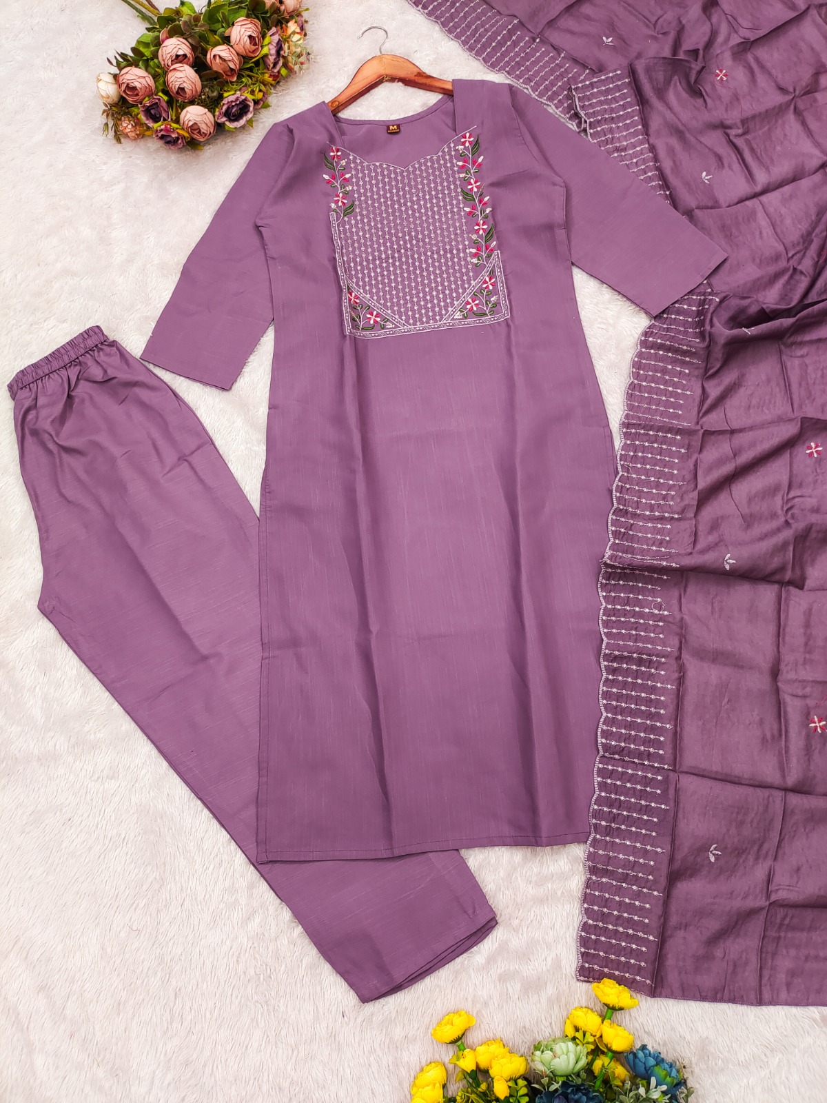 Lavender Cotton Kurta Set with Embroidery Dupatta Set
