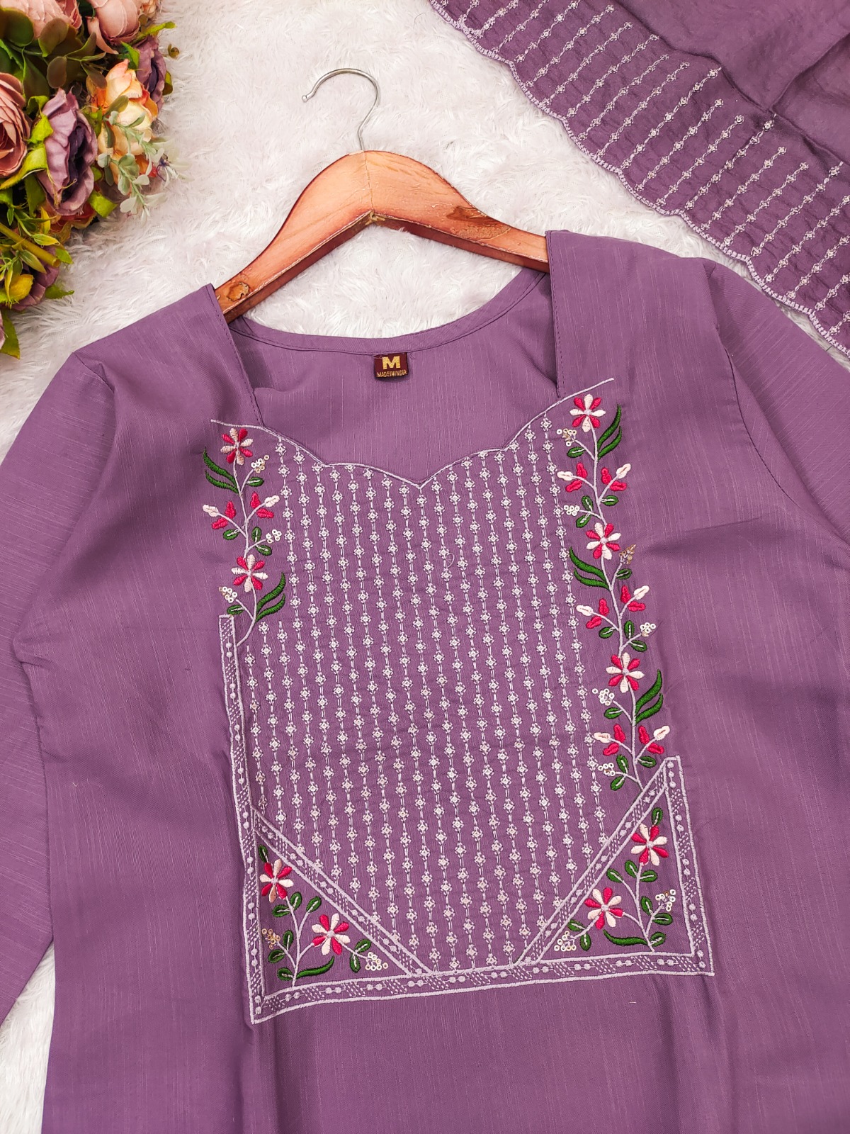 Lavender Cotton Kurta Set with Embroidery Dupatta Set