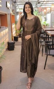 Premium Brown Cotton Kurta Set with Chanderi Dupatta - Brown