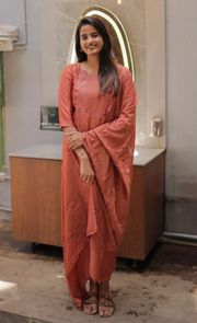 Rust Embroidered Cotton Straight Kurta Set with Dupatta - Orange
