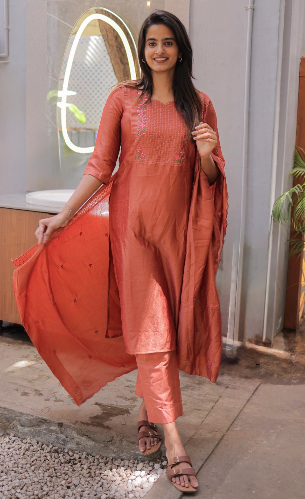 Rust Embroidered Cotton Straight Kurta Set with Dupatta