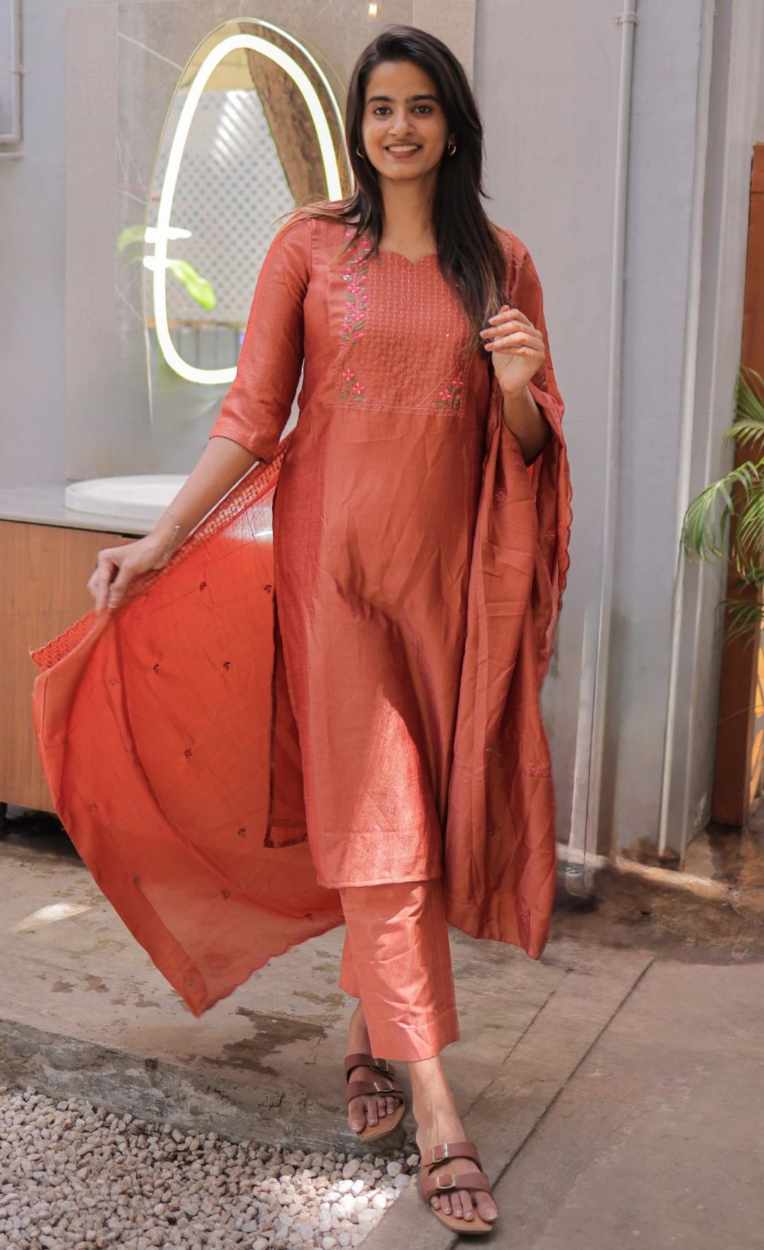 Rust Embroidered Cotton Straight Kurta Set with Dupatta