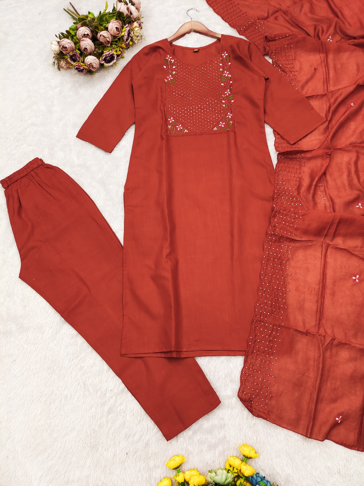 Rust Embroidered Cotton Straight Kurta Set with Dupatta
