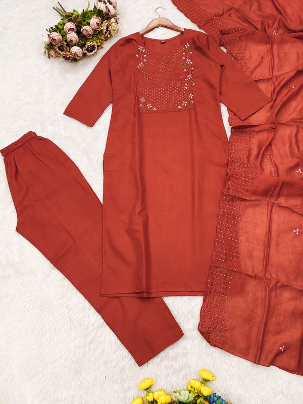 Rust Embroidered Cotton Straight Kurta Set with Dupatta