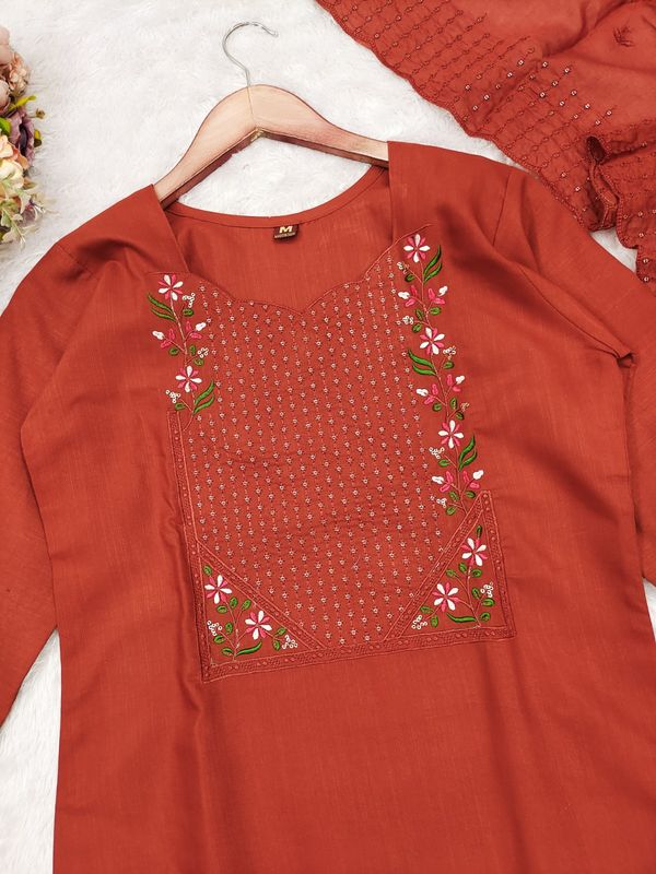 Rust Embroidered Cotton Straight Kurta Set with Dupatta