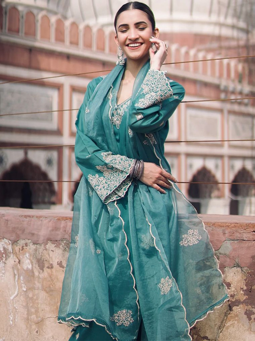 Teal Embroidered Rayon Straight Kurta Set with Organza Dupatta