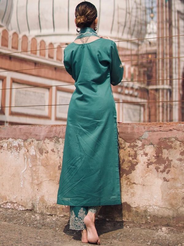 Teal Embroidered Rayon Straight Kurta Set with Organza Dupatta