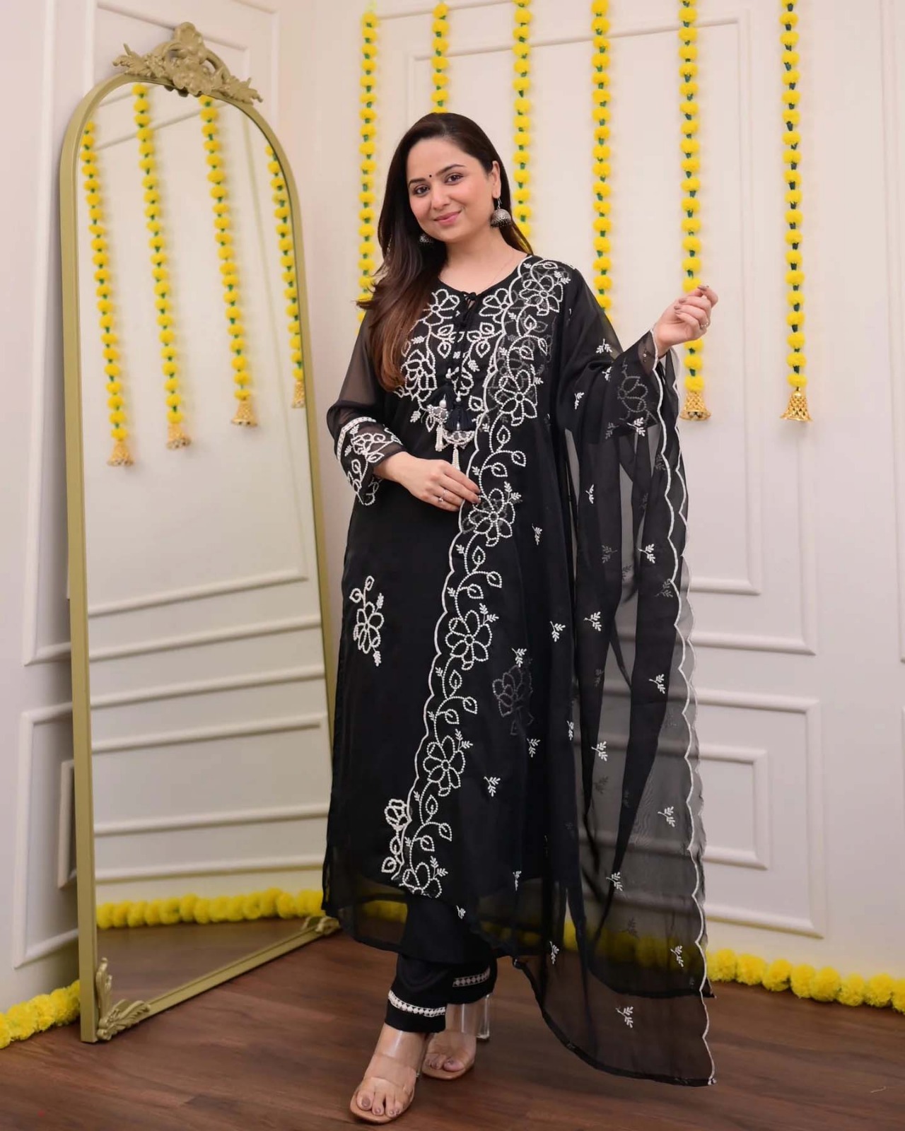 Stylish Black Kurta Pant Dupatta Set with White Embroidery