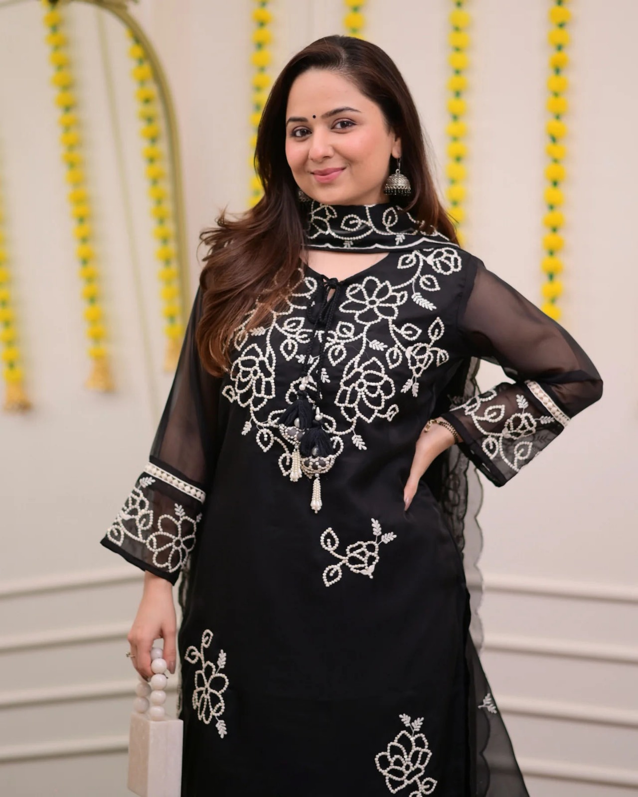 Stylish Black Kurta Pant Dupatta Set with White Embroidery