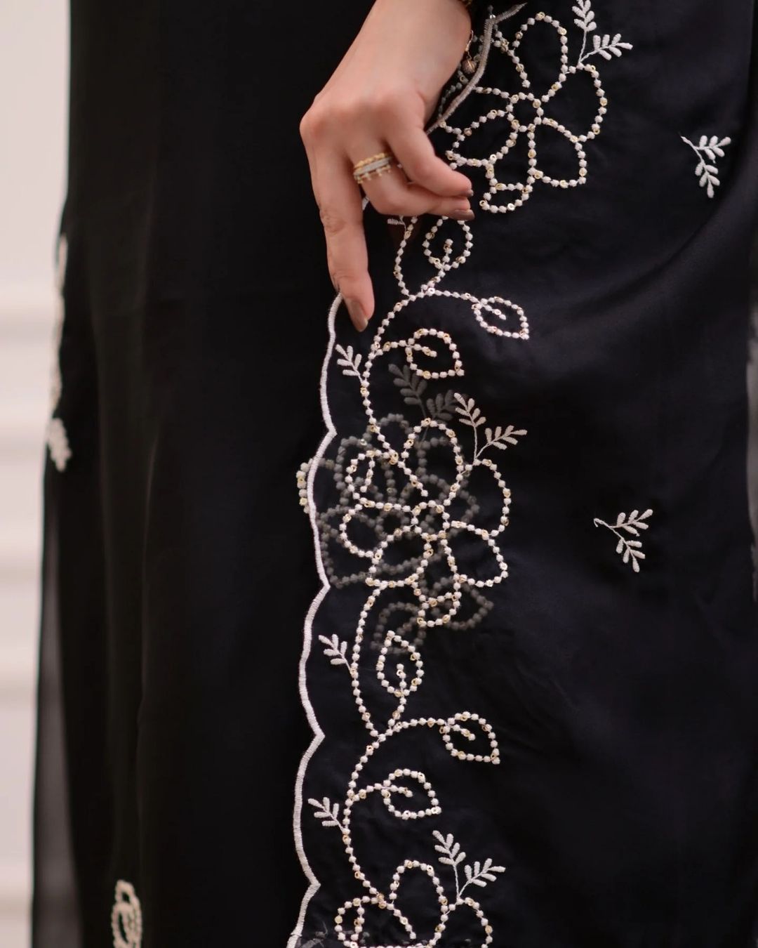 Stylish Black Kurta Pant Dupatta Set with White Embroidery