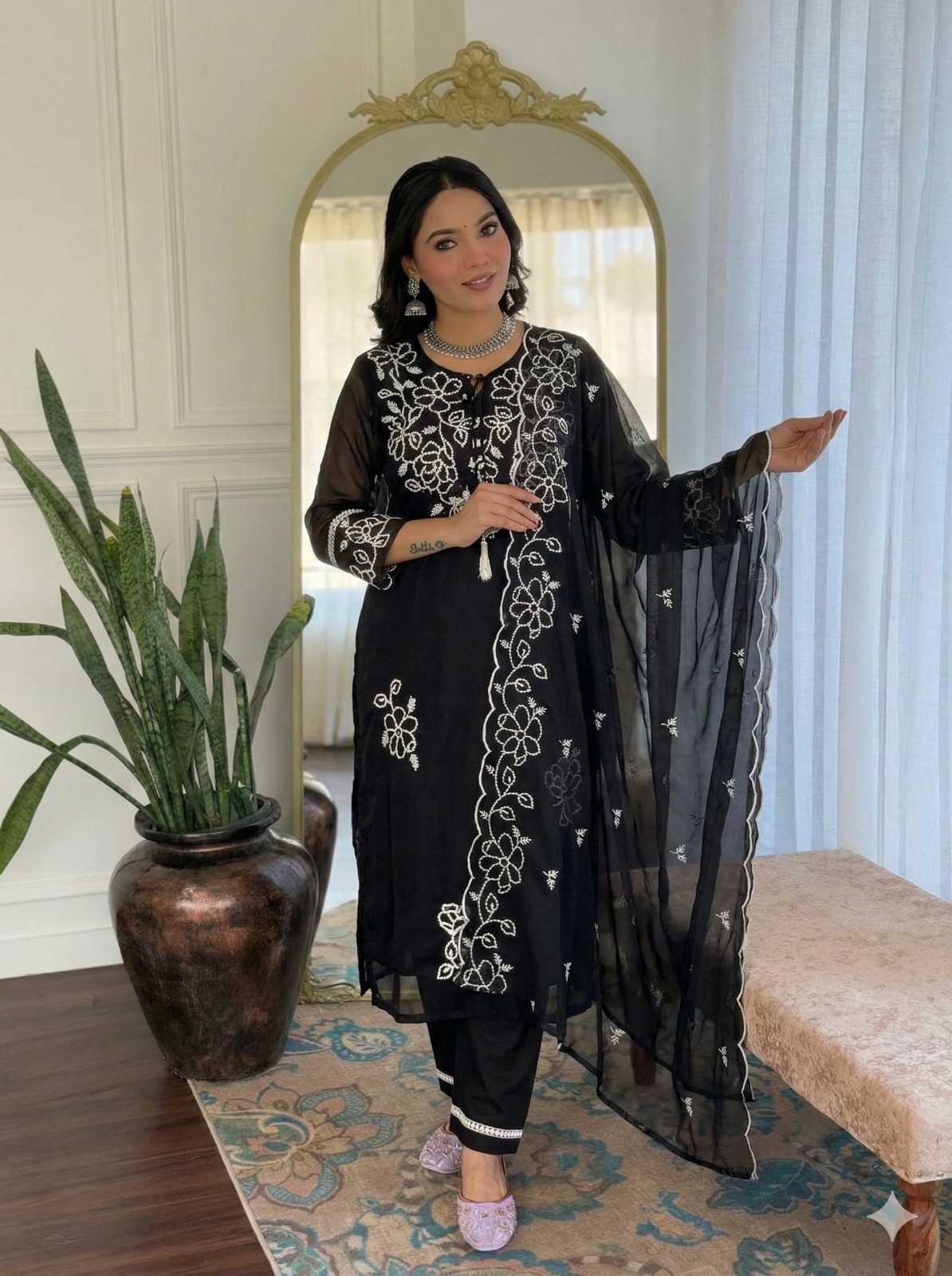 Stylish Black Kurta Pant Dupatta Set with White Embroidery