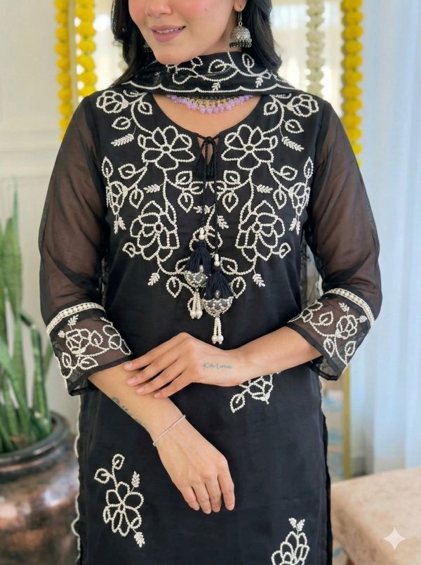 Stylish Black Kurta Pant Dupatta Set with White Embroidery