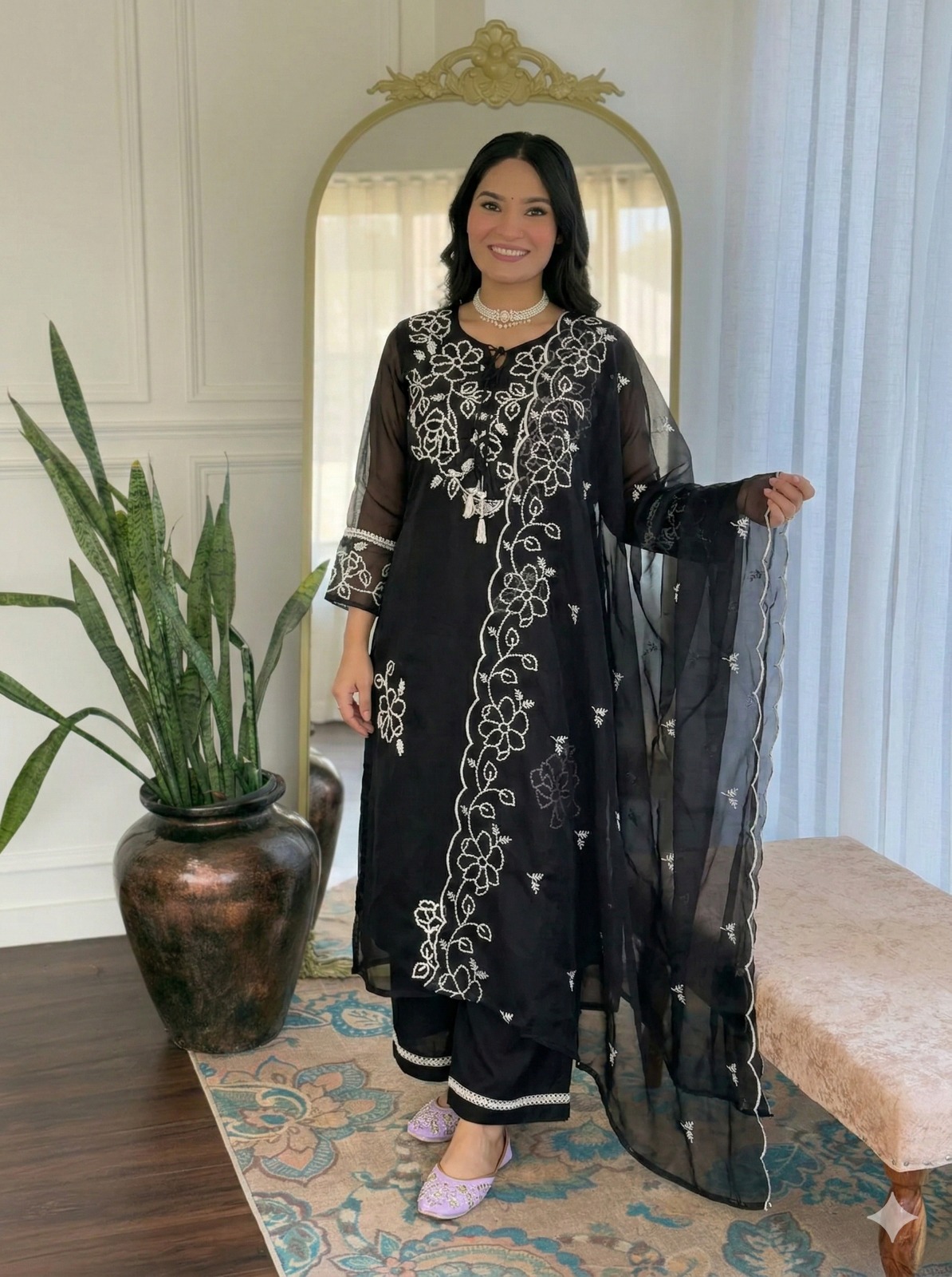 Stylish Black Kurta Pant Dupatta Set with White Embroidery