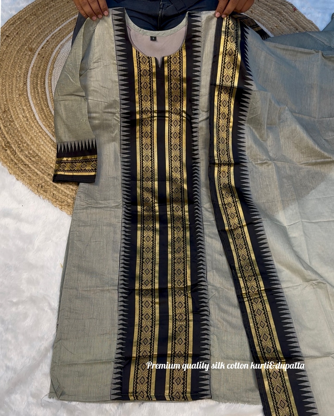 Grey Zari Border Kanchi Cotton Kurti Dupatta Set