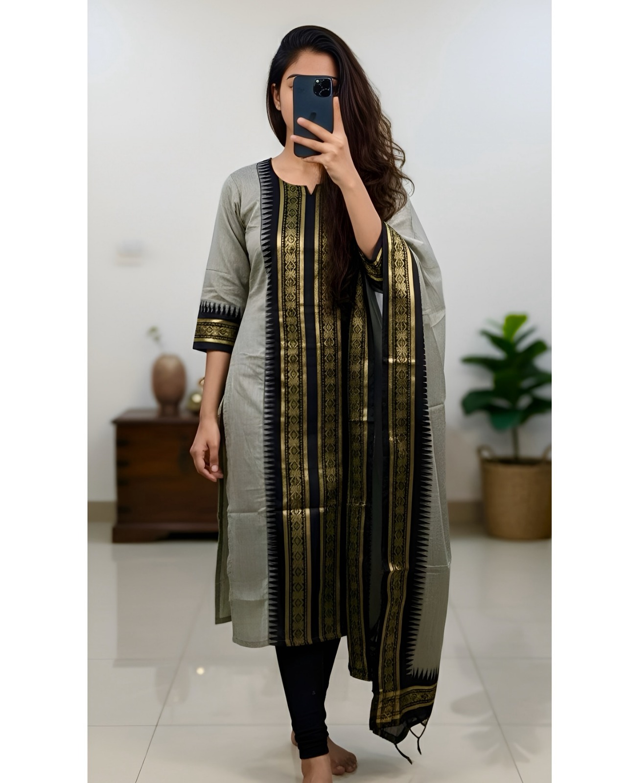 Grey Zari Border Kanchi Cotton Kurti Dupatta Set
