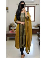 Mustard Designer Kurti Dupatta Set with Rich Weaving - Mustard