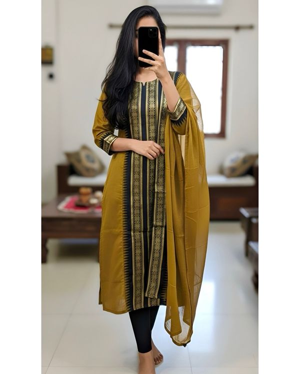 Mustard Designer Kurti Dupatta Set with Rich Weaving