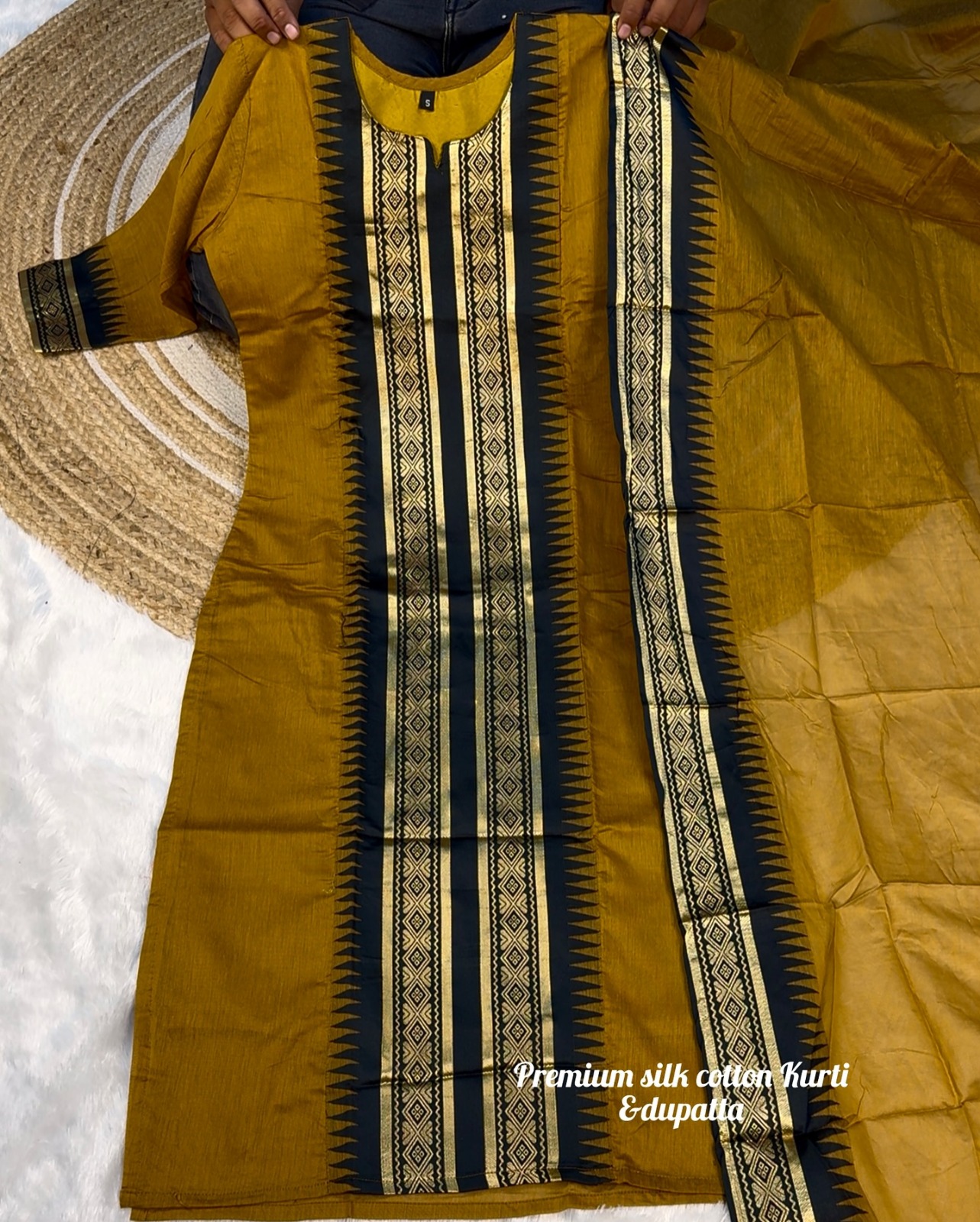 Mustard Designer Kurti Dupatta Set with Rich Weaving