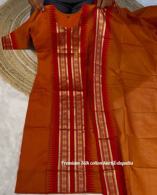 Orange Ethnic Kurti Dupatta Set with Jacquard Work
