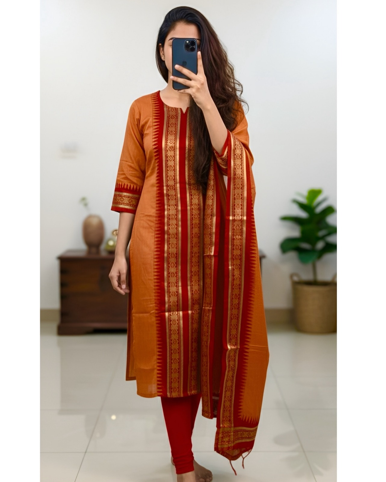 Orange Ethnic Kurti Dupatta Set with Jacquard Work