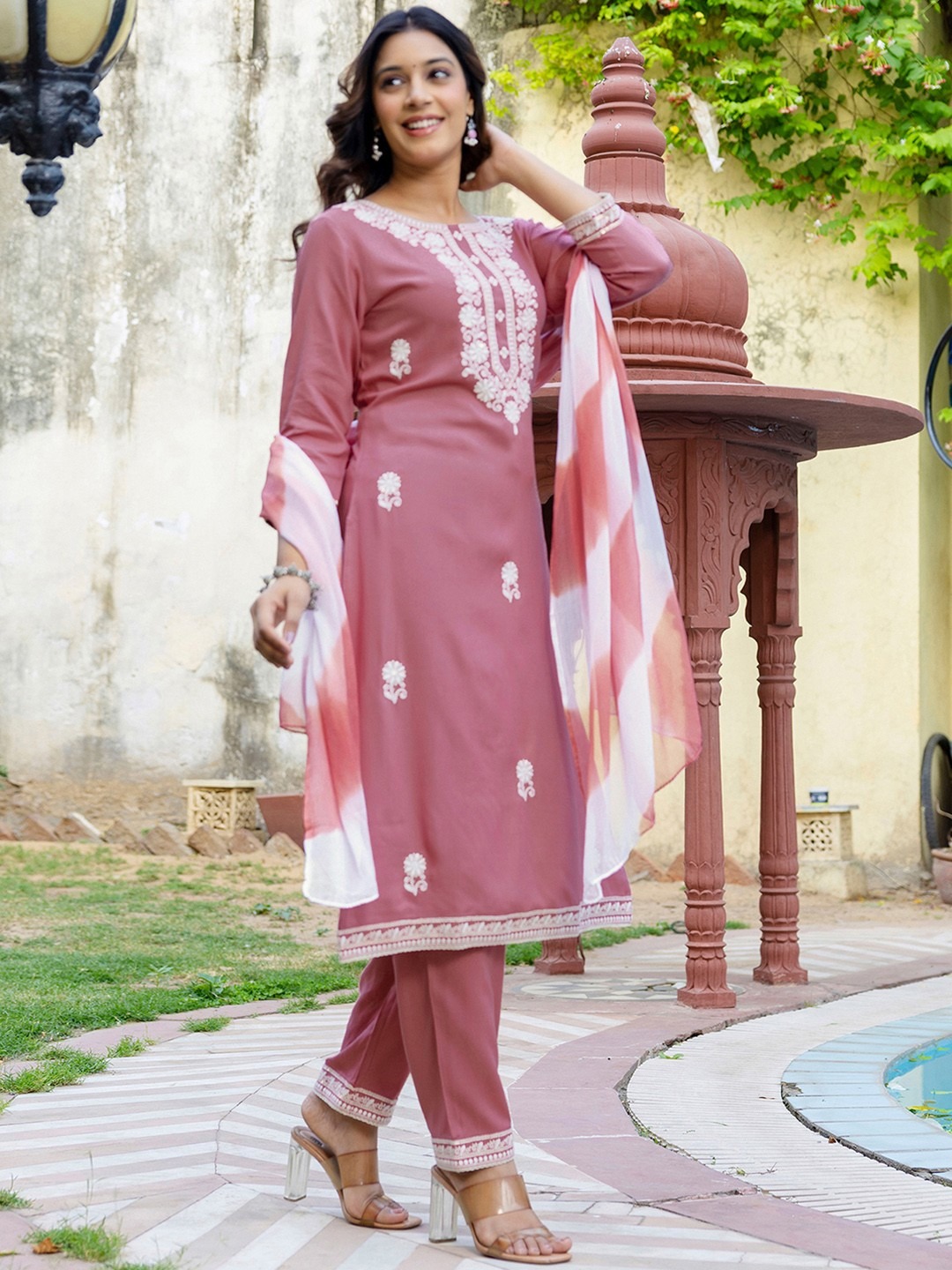 Pink Embroidered Cotton Kurti Pant Dupatta Set