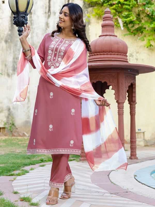 Pink Embroidered Cotton Kurti Pant Dupatta Set
