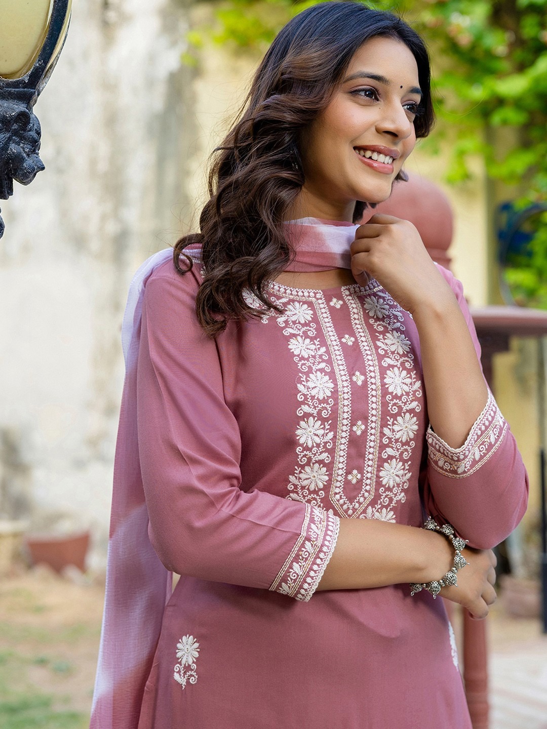 Pink Embroidered Cotton Kurti Pant Dupatta Set