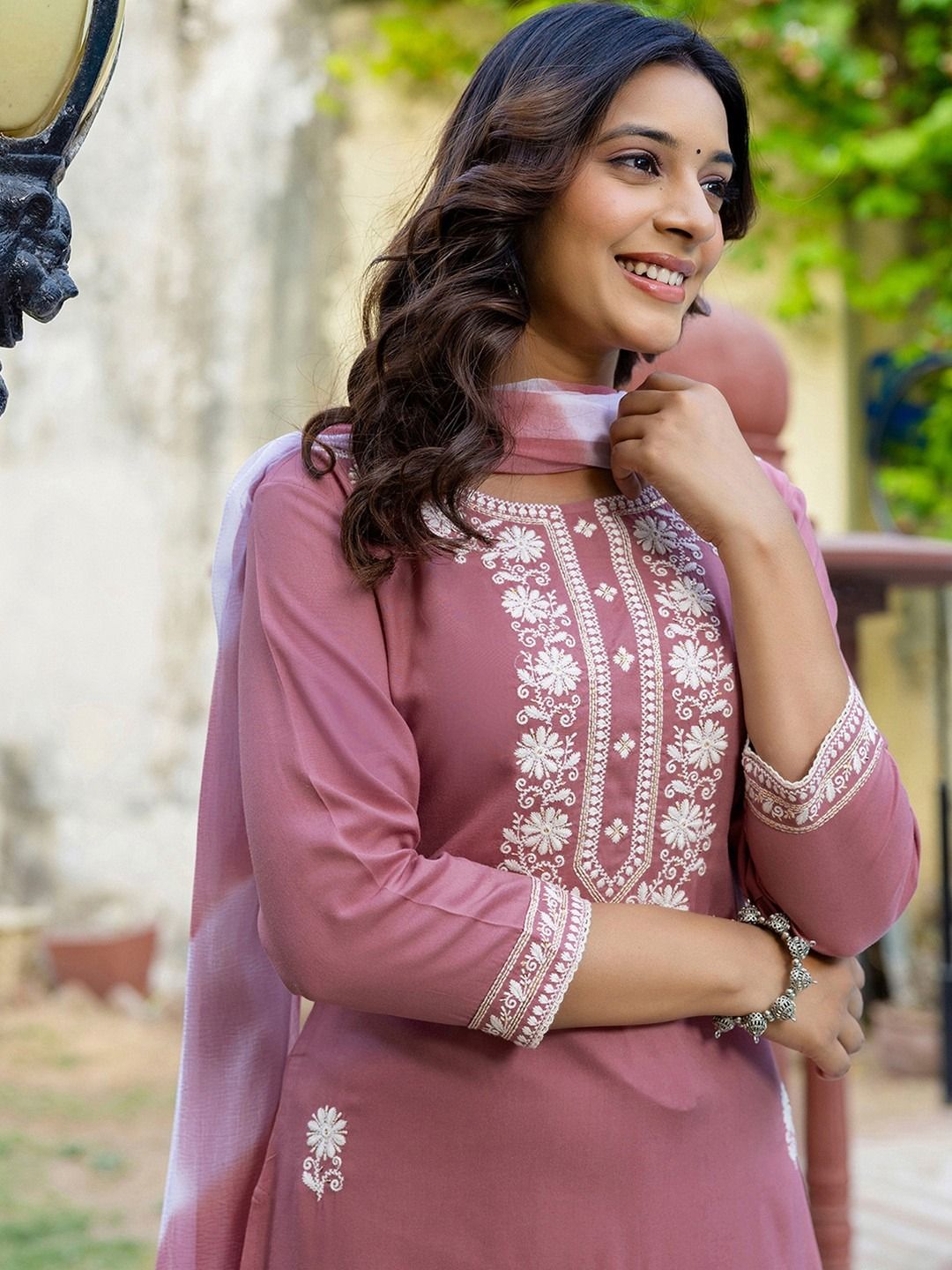 Pink Embroidered Cotton Kurti Pant Dupatta Set