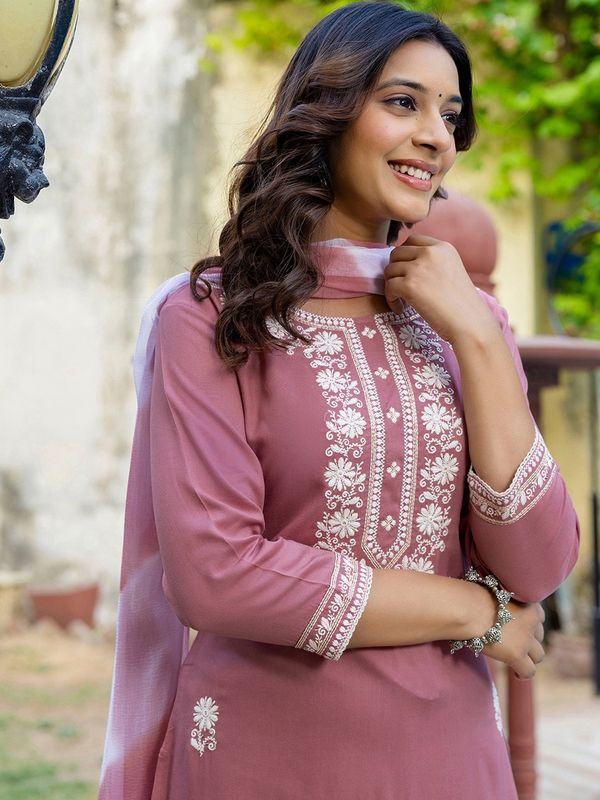 Pink Embroidered Cotton Kurti Pant Dupatta Set