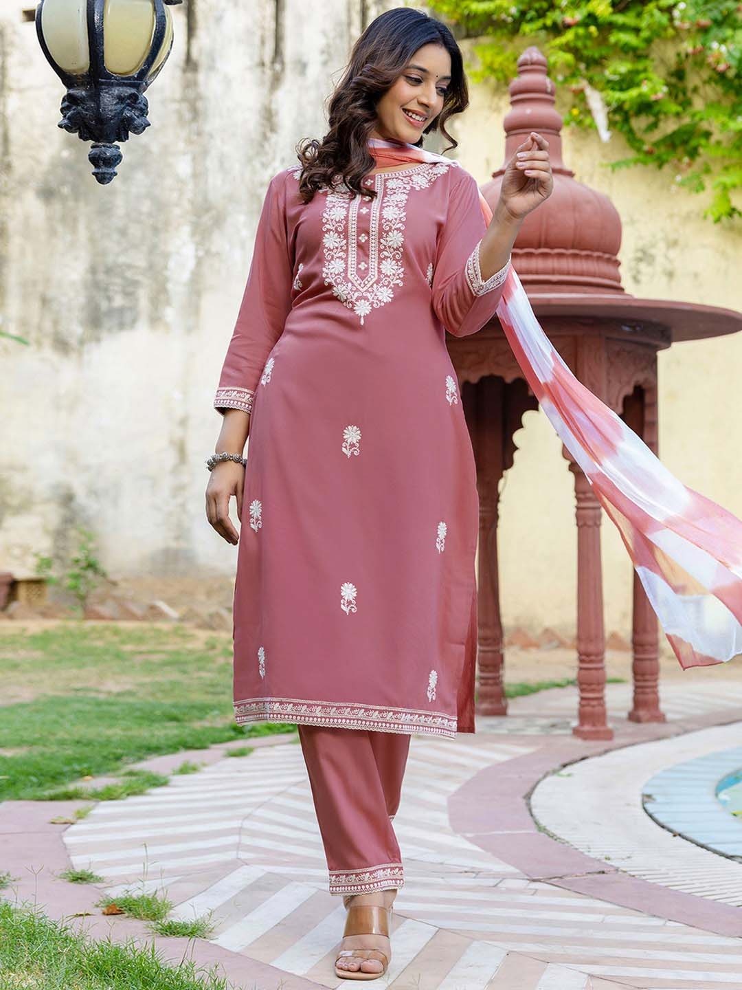 Pink Embroidered Cotton Kurti Pant Dupatta Set
