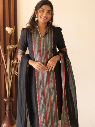 Black Kanchi Cotton Kurti Dupatta Set for Women