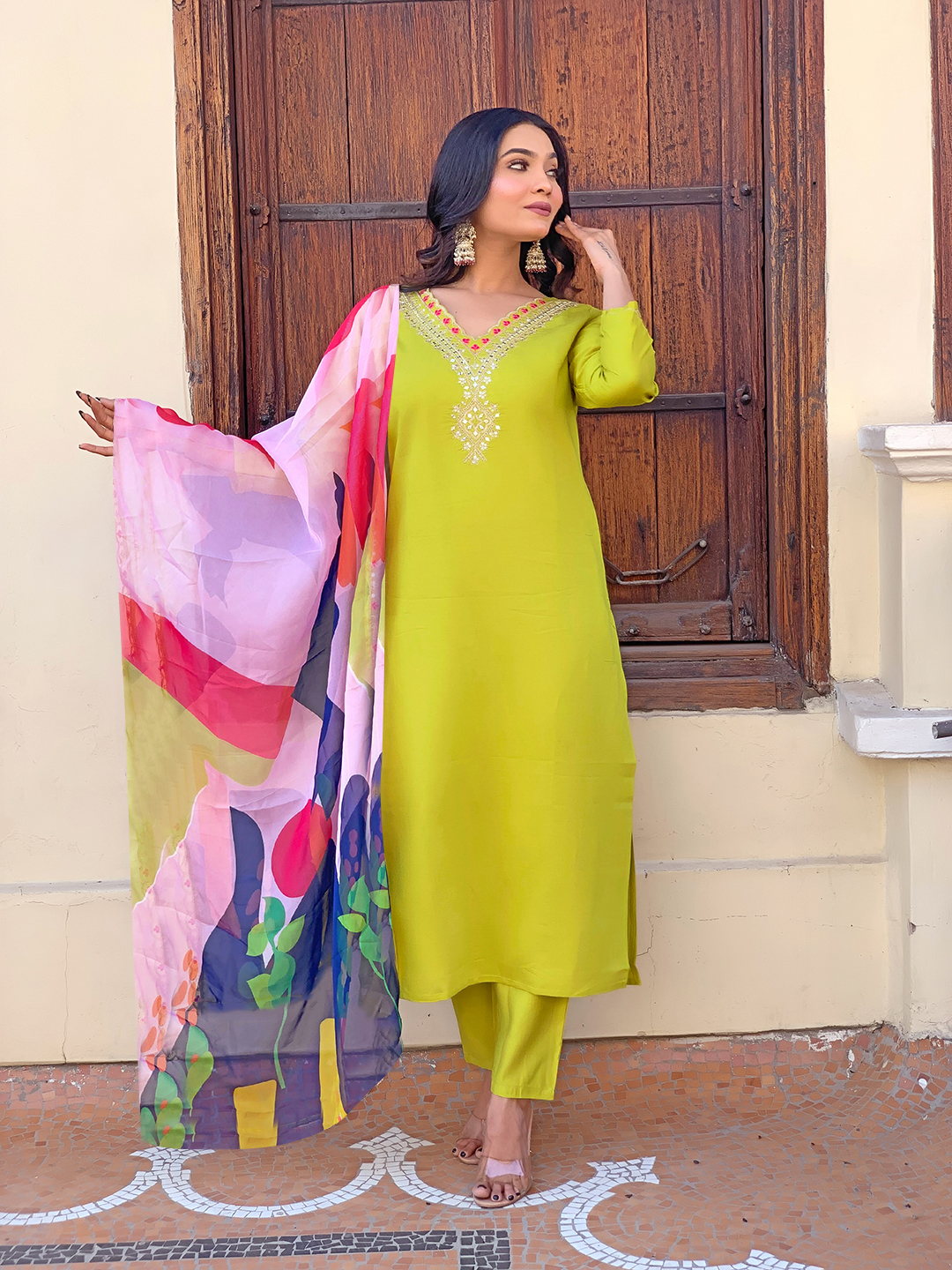 Lemon Yellow Embroidered Rayon Kurta Set with Dupatta