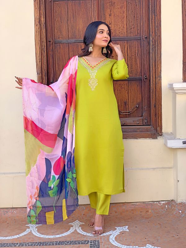 Lemon Yellow Embroidered Rayon Kurta Set With Dupatta