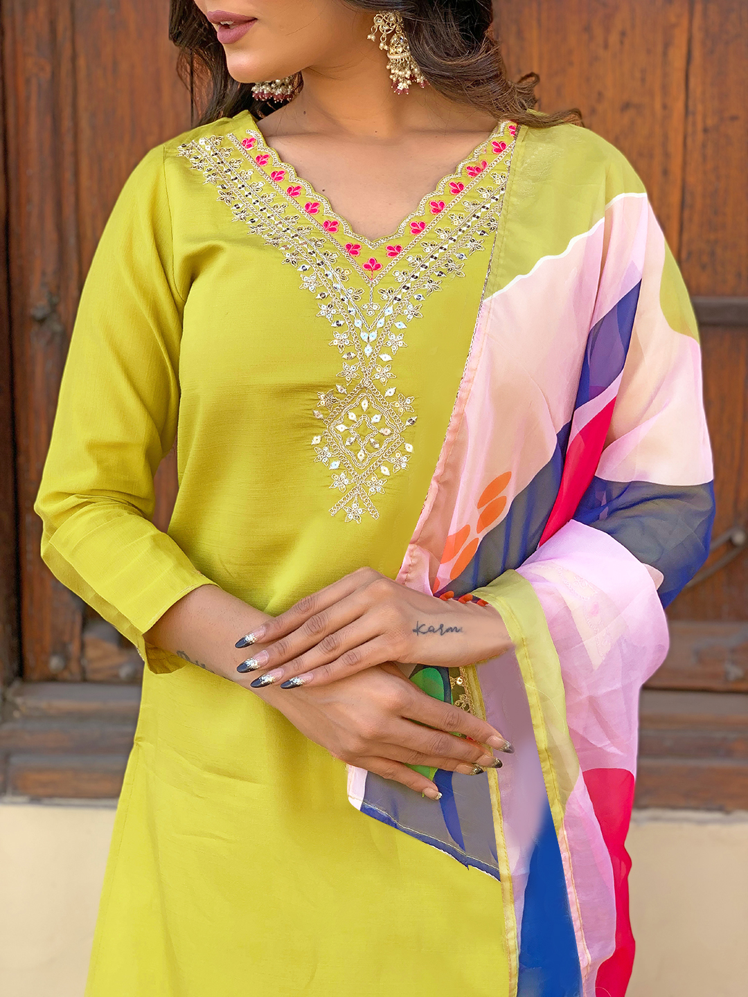Lemon Yellow Embroidered Rayon Kurta Set with Dupatta